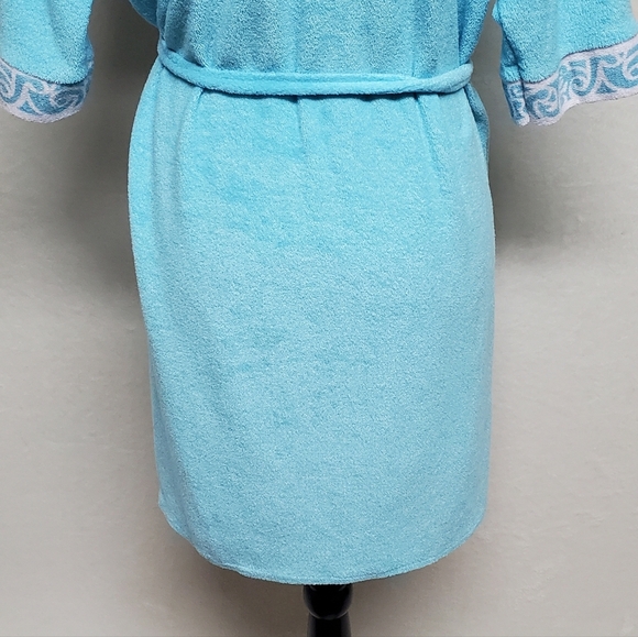 Rare Vintage 60s Dolphins Sky Blue Terrycloth Hawaiian Tie-Waist Mini Robe L - Picture 13 of 14